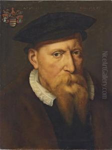 Portrait Of A Robert De Croy, 
Bishop Of Cambrai (d. 1556), Bust-length, In A Black Hat And Doublet, 
With A Lace Collar And A Fur Mantle Oil Painting by Willem Key