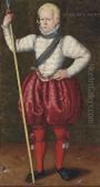 Portrait Of A Young Man, 
Full-length, In A White Embroidered Doublet And Red Pantaloons, A Pike 
In His Right Hand Oil Painting by Willem Key