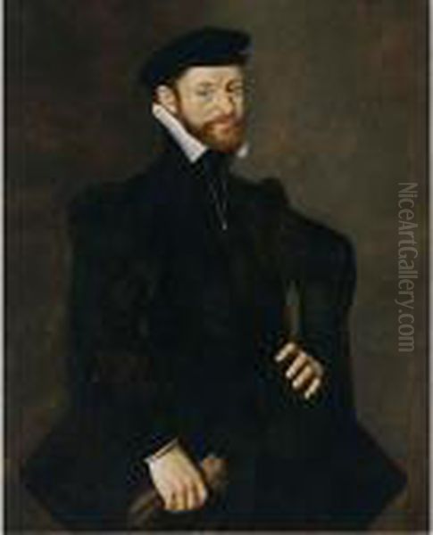 A Portrait Of A Bearded 
Gentleman, Aged 31, Standing Three-quarter Length, Wearing A Black Coat,
 Holding Gloves In His Right Hand Oil Painting by Willem Key