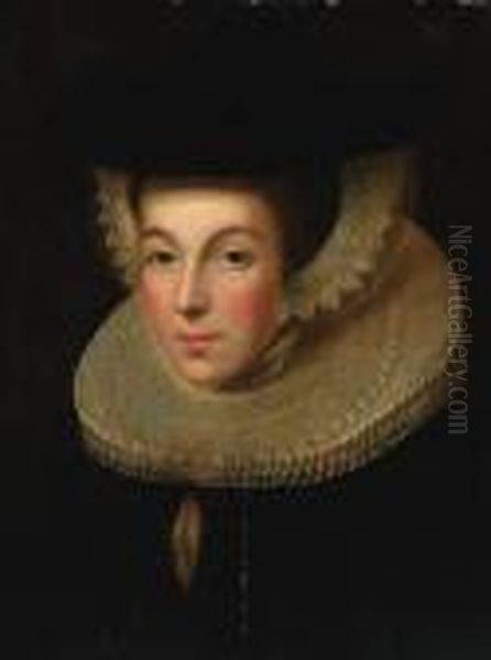 Portrait Of A Lady, Bust-length, In A Black Dress With A Ruff,wearing A Black Hat Oil Painting by Willem Key