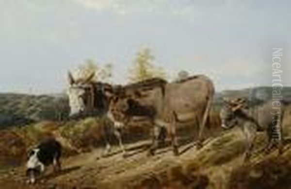 Donkeys On A Moorland Track, A Dog In The Foreground Oil Painting by Friedrich Wilhelm Keyl