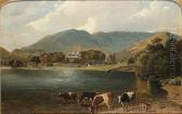 Cattle Beside A Lake With A 
Country House Beyond; A View Across A Lake From The Terrace Of A Country
 House, Possibly Drathay Hall. Oil Painting by Friedrich Wilhelm Keyl