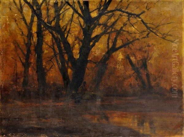 Lesna Krajina S Rybarom Oil Painting by Lazlo Kezdy Kovacs