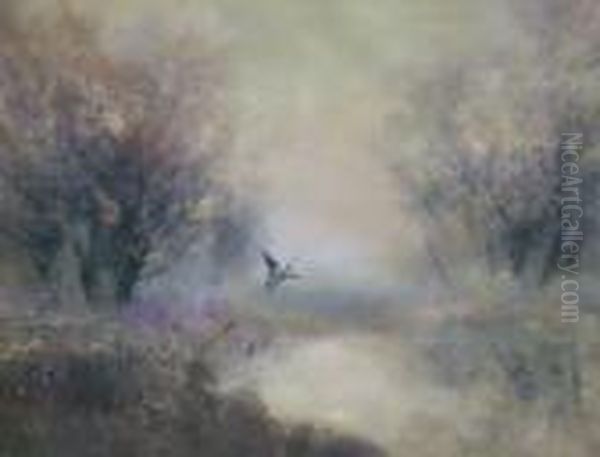 Mallard In Flight Over A Tranquil River With Woodland Oil Painting by Lazlo Kezdy Kovacs