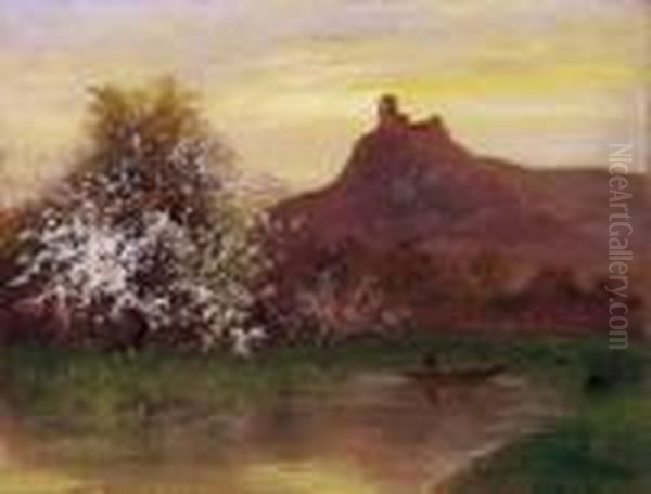 Blossoming Lakeside With A Castle In The Background Oil Painting by Lazlo Kezdy Kovacs