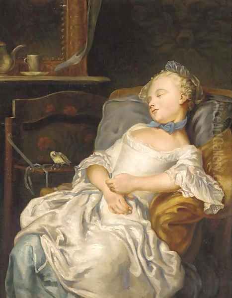 Portrait of a girl sleeping on a chair, a songbird beside her Oil Painting by Jean Francois Colson