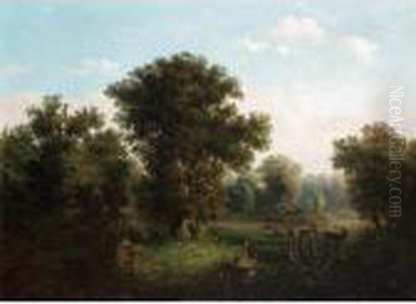 Deer In A Wooded Landscape Oil Painting by Frederik Kiaerskou