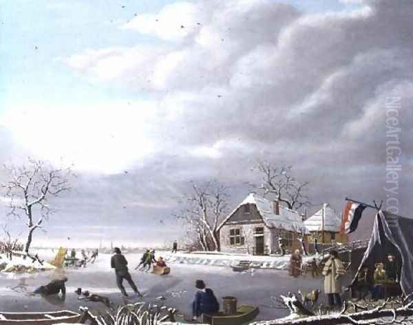 Skaters in a Winter Landscape Oil Painting by Jan Gerardus Casteelen