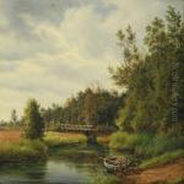 Scenery From Ry With A Man On A Bridge Oil Painting by F. C. Kiaerschou