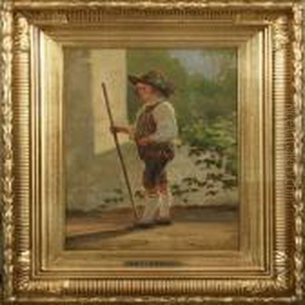 A Tyrolese Boy Withwalking Stick Oil Painting by F. C. Kiaerschou