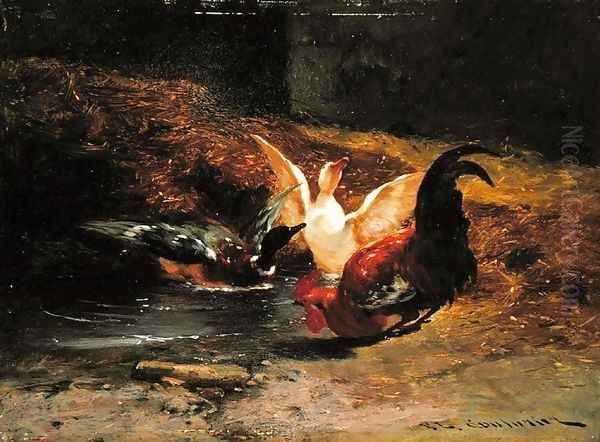 Cockerel with two ducks Oil Painting by Philibert Leon Couturier