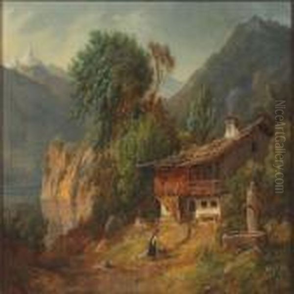 Mountain Landscape With Woman Near House Oil Painting by F. C. Kiaerskou