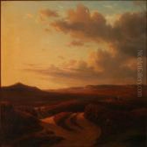 Moor Landscape At Sunset Oil Painting by F. C. Kiaerskou