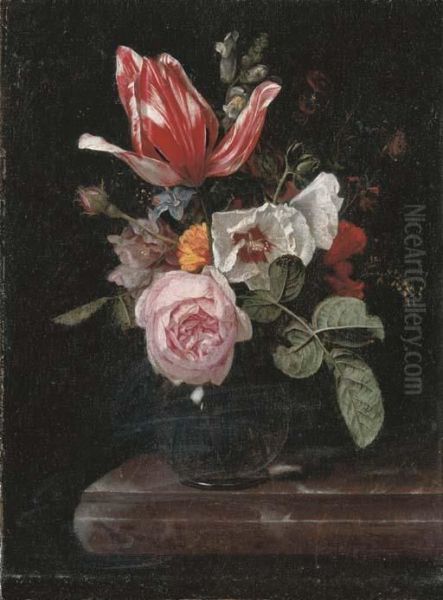 Roses, Peonies, A Tulip And Other Flowers In A Glass Vase On Astone Ledge Oil Painting by Cornelis Kick