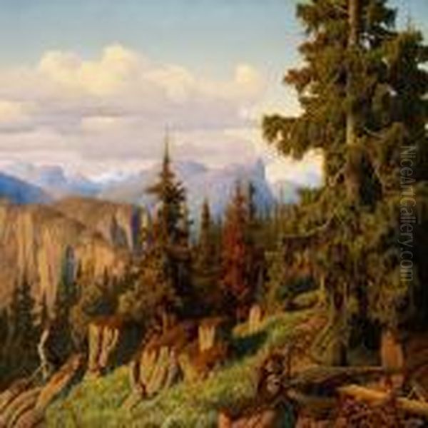 View Of A Mountainous Norwegian Landscape With Spruces In The Foreground Oil Painting by Anton Edvard Kieldrup