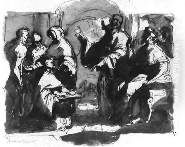 A monk kneeling with a plate before a seated bishop, with attendants Oil Painting by Domenico Cresti (see Passignano)