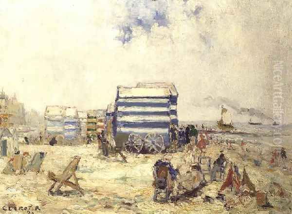 Bathing Huts on the Beach, 1920 Oil Painting by R. Clarot