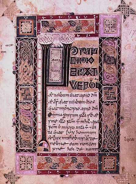 First page of the Gospel of St. John the Evangelist, text with initial and decorative border, from the MacDurnan Gospels, Armagh Oil Painting by Celtic