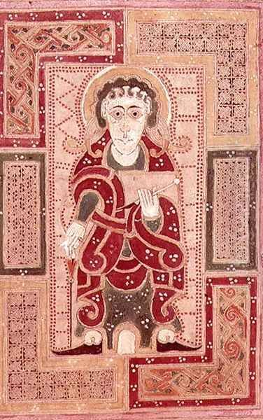 The figure of St. John the Evangelist holding a book, page proceeding the Gospel of St. John, from the MacDurnan Gospels, Armagh Oil Painting by Celtic