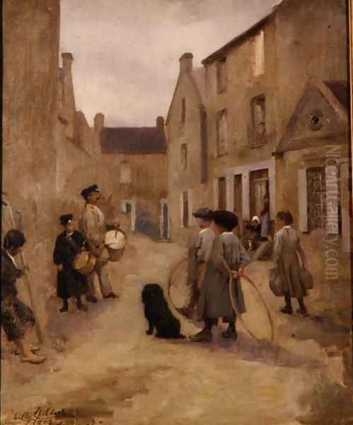 Children Playing with Hoops in a Street, Arromanches, 1903 Oil Painting by Milly Childers