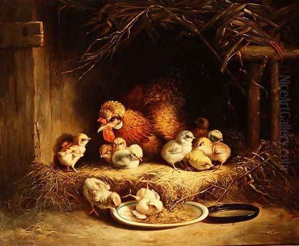 Hen with her Chicks, 1867 Oil Painting by Andrea Cherubini