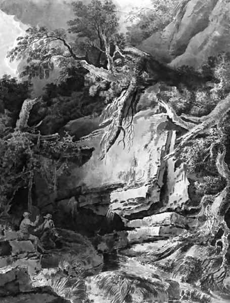 A rocky landscape with two hermits near a waterfall Oil Painting by Jean Antoine Constantin