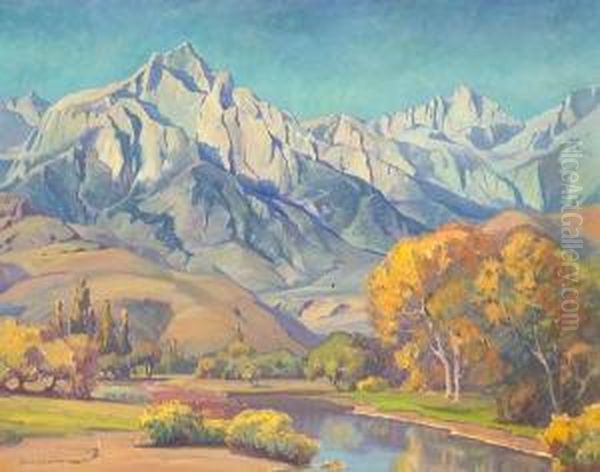 Rugged Mountain Range With Meandering Autumn Stream Below (no.467) Oil Painting by Aaron Edward Kilpatrick