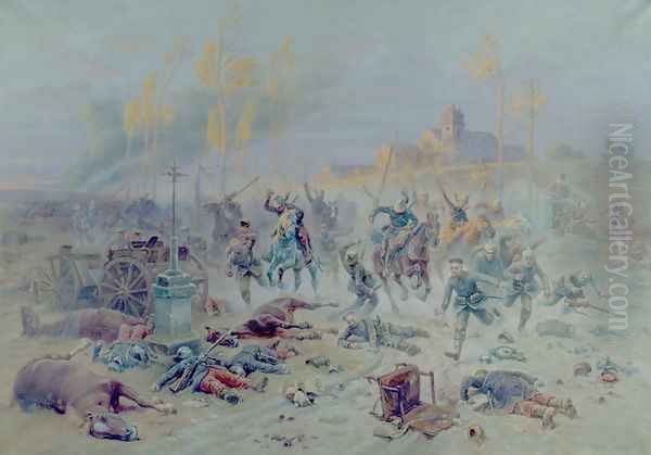 The Charge of French Soldiers at the Battle of the Marne, 8th or 9th September 1914, 1915 Oil Painting by Eugene Chaperon