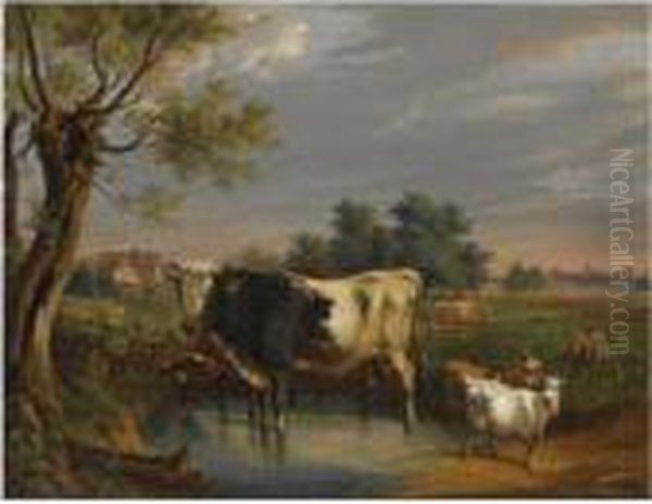 Cattle In A Summer Landscape Oil Painting by Cornelis Kimmel