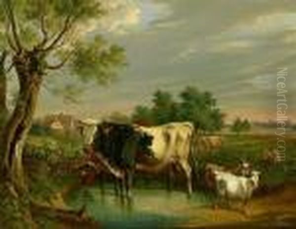 Weidelandschaft Mit Kuhen An Der Tranke Und Ziegen Oil Painting by Cornelis Kimmel