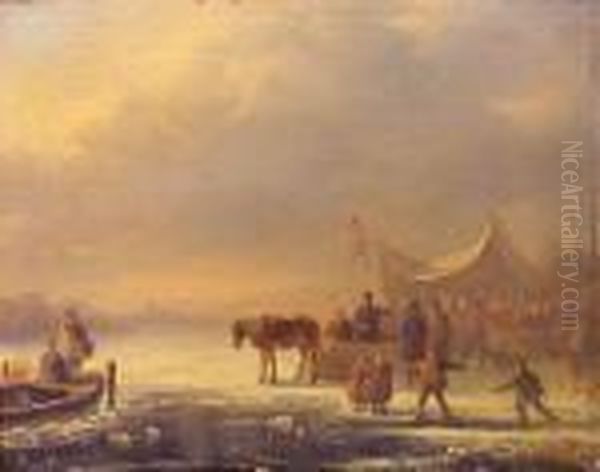 Frozen Waterway With Skaters And Villagers Gathering Around A Koeken Zopie Oil Painting by Cornelis Kimmel