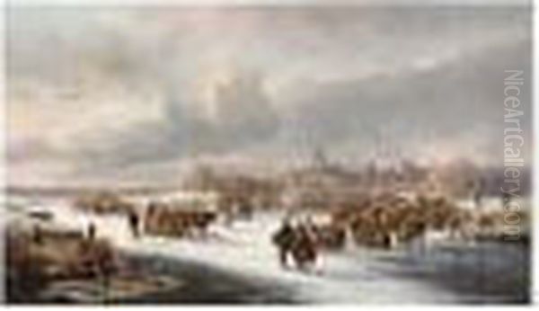 Numerous Figures On A Frozen River, A Town In The Distance Oil Painting by Cornelis Kimmel