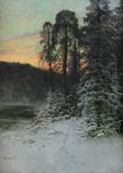 Vinterlandskap I Aftonrodnad Oil Painting by Johan Kindborg