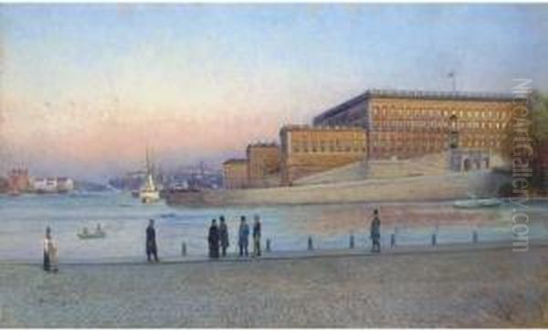 Elegant Figures On The Quay Before The Royal Palace,stockholm Oil Painting by Johan Kindborg