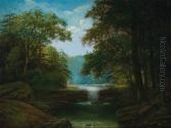 Waterfall In A Forest Interior Oil Painting by Albert F. King