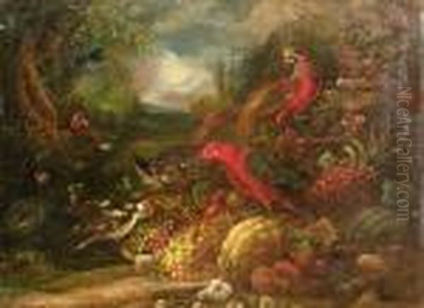 Still Life With Parrots In A Landscape Oil Painting by Charles Bird King