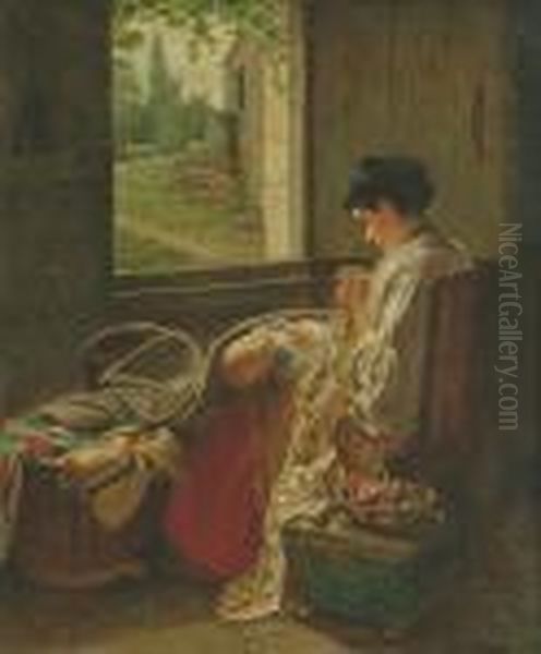 A Mother Sewing Seated At A Window, A Child On Her Lap Oil Painting by Haynes King