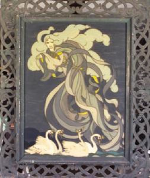 Lead On Glass Within A Celtic Style Carved Timber Frame, 79 X 53cm Oil Painting by Jessie Marion King