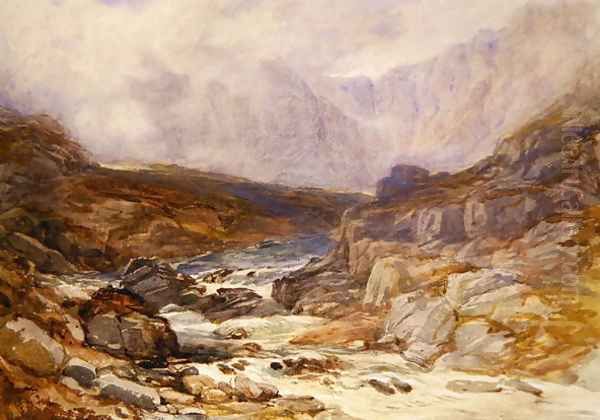 Welsh Mountain Scene with Torrential River Oil Painting by David Y. Cox