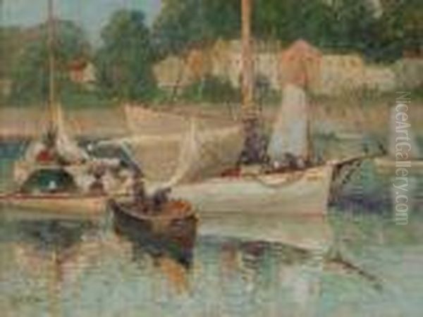 Boats In A Harbor Oil Painting by Paul King