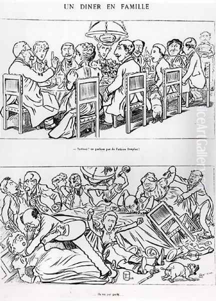 Caricature of a family dinner before and after having talked about the Dreyfus Affair, c.1894 Oil Painting by (Emmanuel Poire) Caran d'Ache