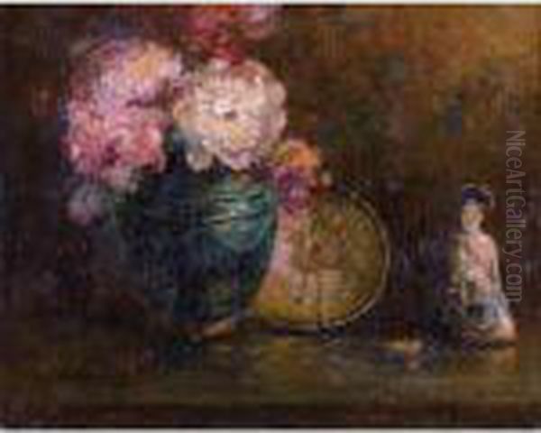 Still Life With Flowers And Asian Statue Oil Painting by Paul King