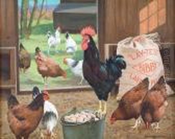 Chickens Feeding With Bibby Pellets, 1939 Oil Painting by William Gunning King