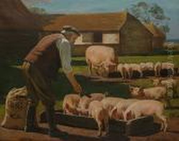 Feeding The Pigs With Bibby Pig Meal. Oil Painting by William Gunning King