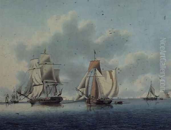 Frigate and Dutch Fishing Boats off the Isle of Wight Oil Painting by John the Younger Cleveley