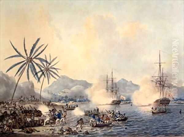 Death of Captain Cook 1728-79 and HMS Resolution and Discovery covering the retreat of the landing party Oil Painting by John the Younger Cleveley