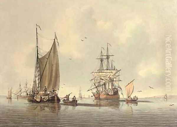 Shipping becalmed Oil Painting by John the Younger Cleveley