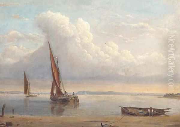 Barges in a calm on the estuary Oil Painting by Alfred Clint