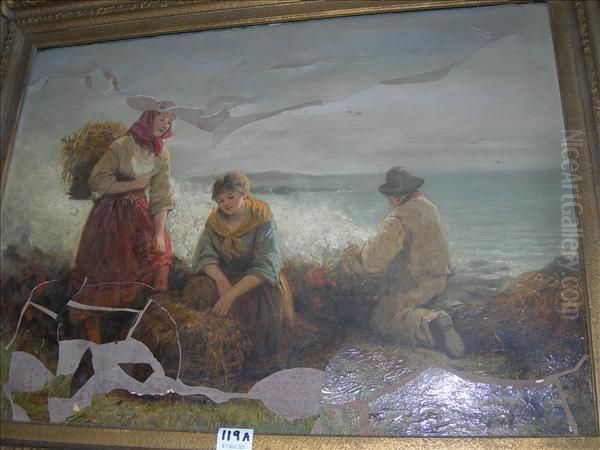 Fisherfolkburning Seaweed Near The Shore Oil Painting by Frederick Gerald Kinnaird