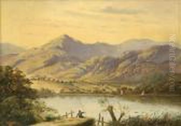 Angler In An Extensive Mountainous Lake Landscape Oil Painting by James Scott Kinnear